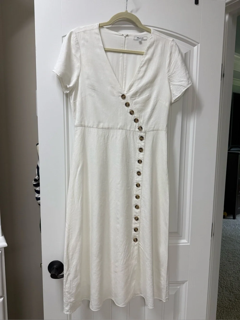 Madewell White Linen-blend Button-Wrap V-Neck Midi Dress size 4